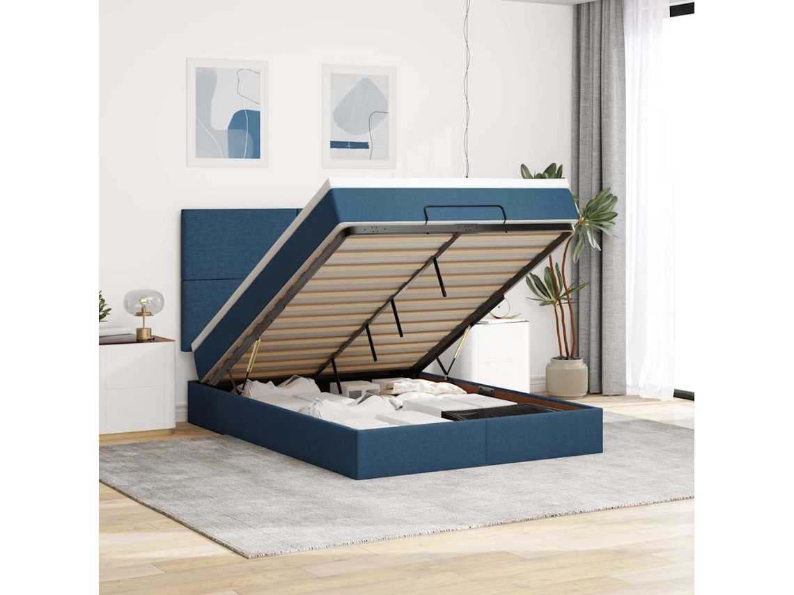 Vidaxl Estrutura De Cama Otomana Com Colchão Tecido Azul 140x200cm