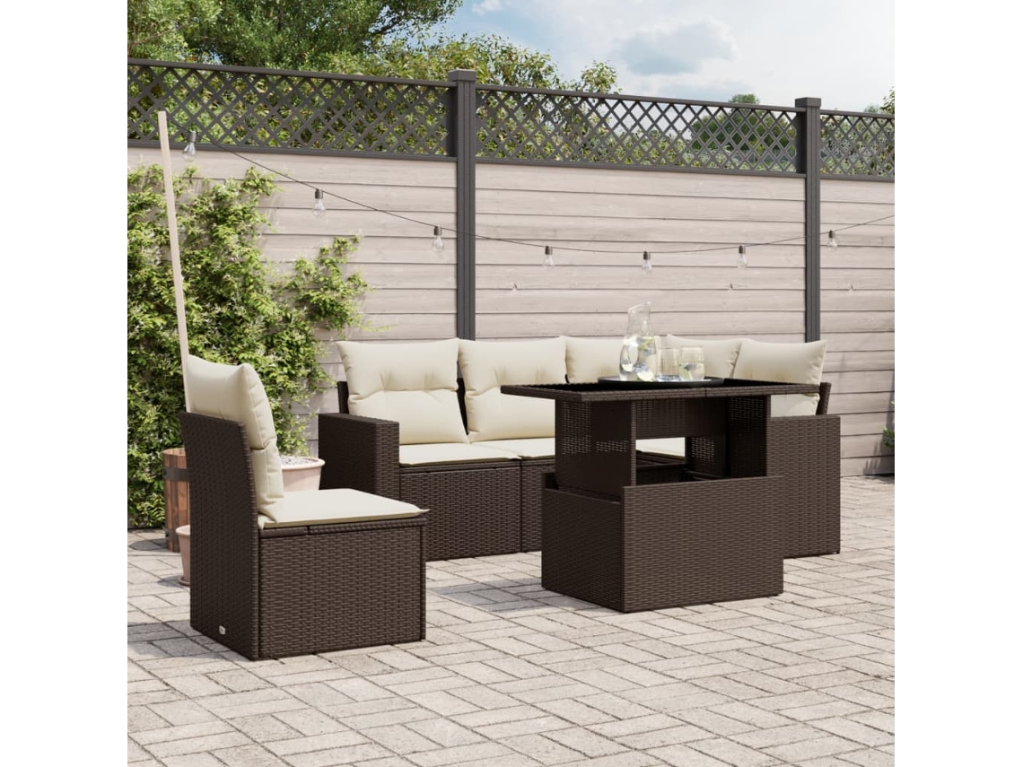 6 Pcs Conjunto De Sofá Jardim C/ Almofadões Vime Pe Marrom Dkd Home Decor