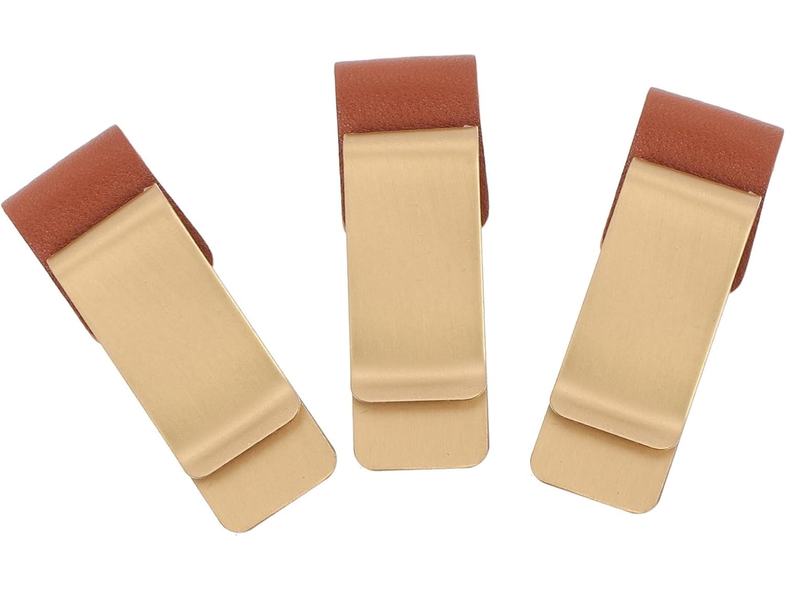 Conjunto de 3 peças Solustre de clipes e organizadores de papel para carteira escolar, estilo retrô, em aço inoxidável e couro.