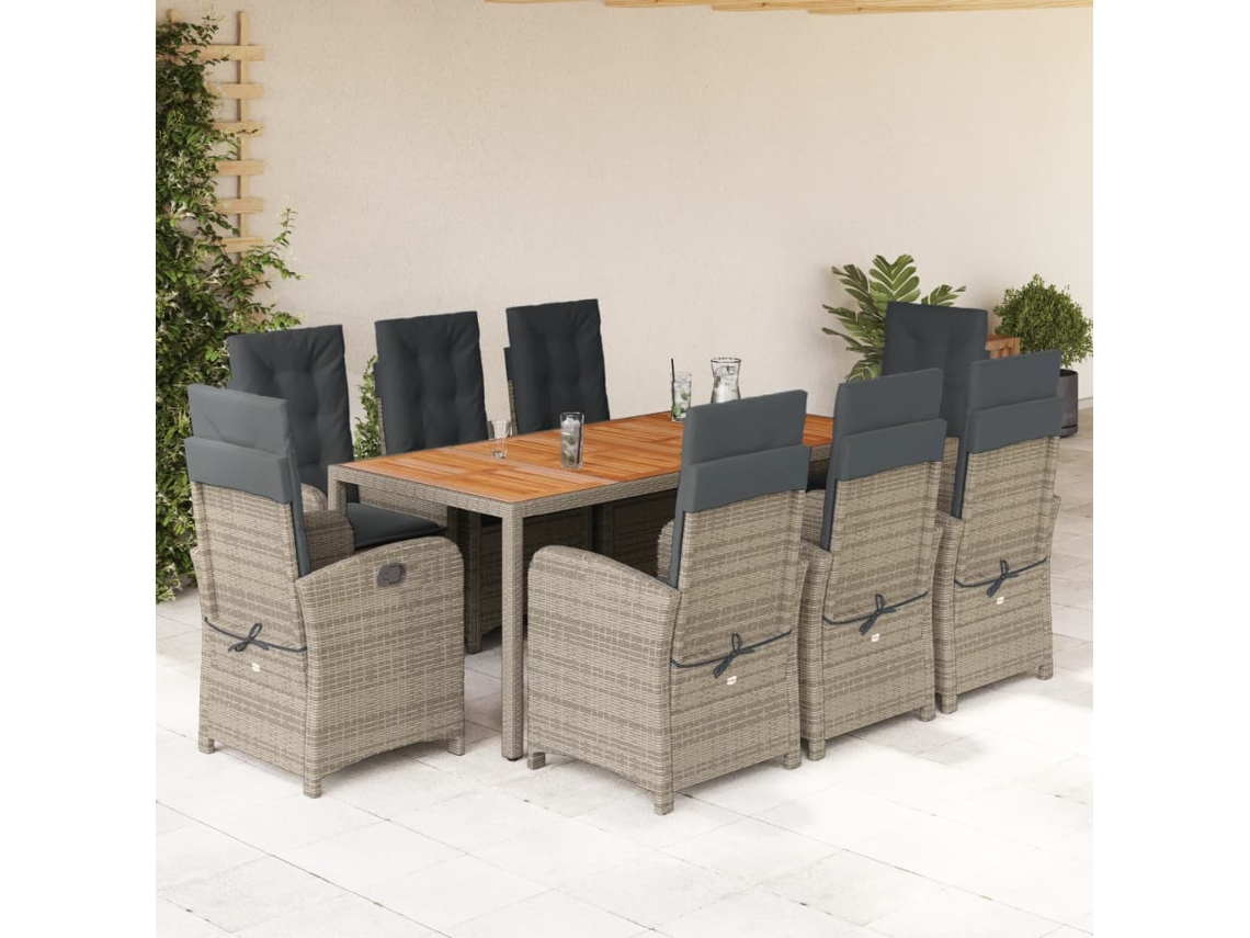 Vidaxl 9 Pcs Conjunto De Jantar P/ Jardim C/ Almofadões Vime Pe Cinza