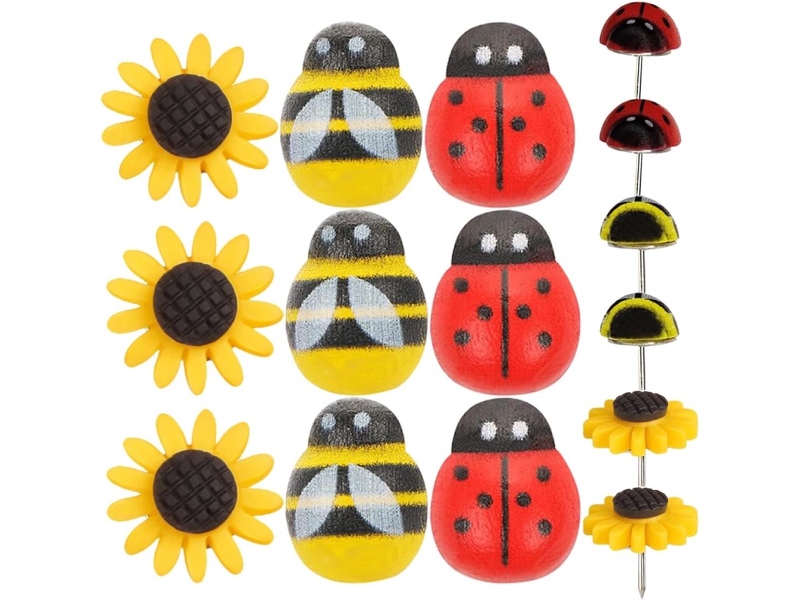 Amosfun Criativos Alfinetes De Plástico Com Joaninhas E Girassóis, Design By Abelha, 30 Peças, Delicados E Fáceis De
