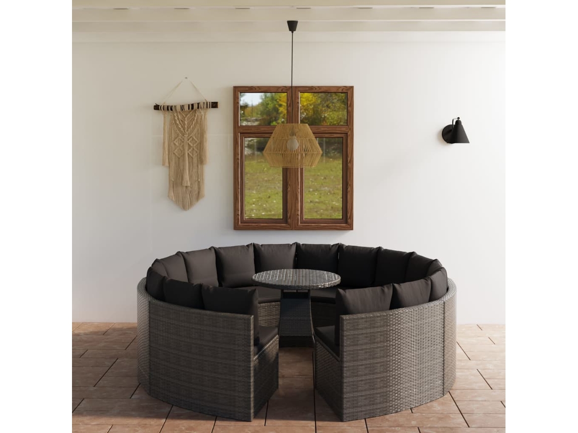 Vidaxl 9 Pcs Conjunto Sofás De Jardim C/ Almofadões Vime Pe Cinzento