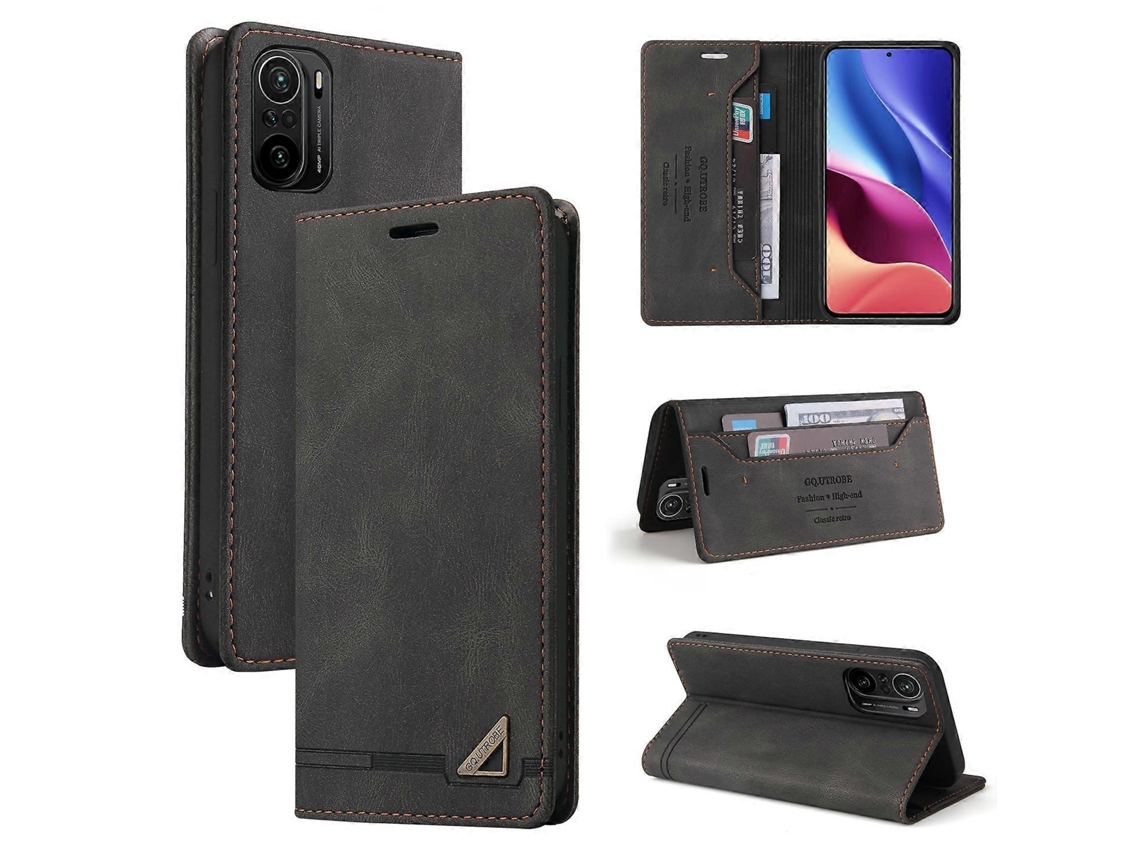 Capa De Couro Escovado Horizontal Com Aba, Resistente A Furtos, Para Xiaomi Poco F3, Com Suporte, Compartimentos Para Cartões E Carteira.