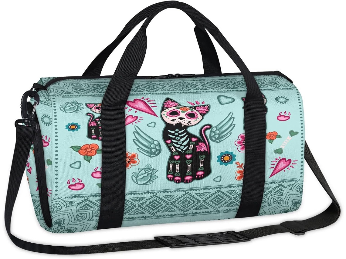 Bolsa Esportiva Étnica em Damasco com Estampa de Caveira e Gato 45 X 21,5 X 23 Cm Tecido de Poliéste