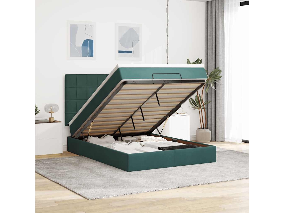Estrutura Cama Otomana Colchões 140x200 Cm Veludo Verde Escuro