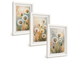 Conjunto De Quadros Com Moldura Flores De Dente-de-leão, Grama Em Tons Pastel Moldura Branca Fotos Para O Escritório Espelharte (3 Peças 20x30 Cm)