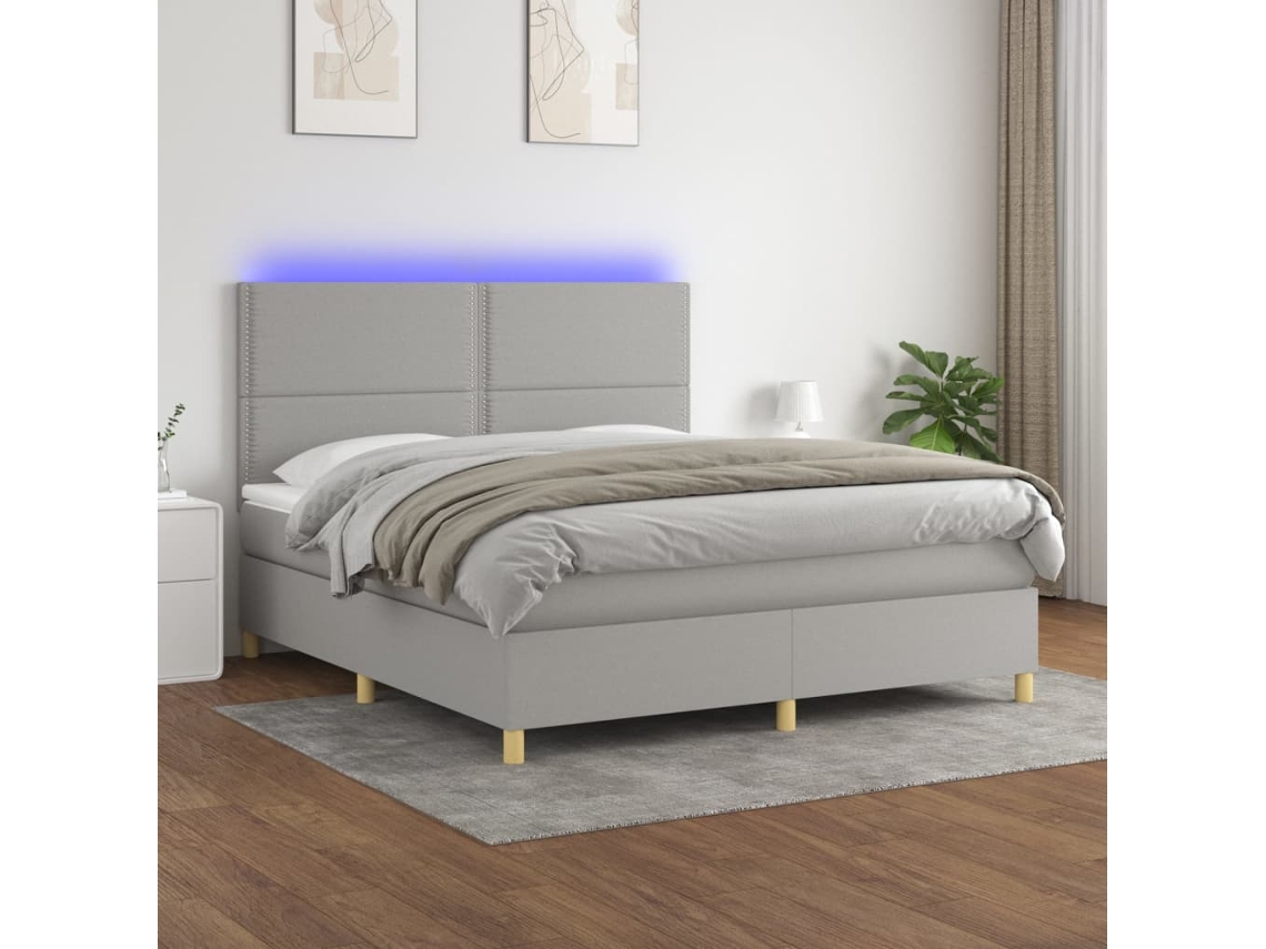 Vidaxl Cama Box Spring C/ Colchão E Led 180x200 Cm Tecido Cinza-claro