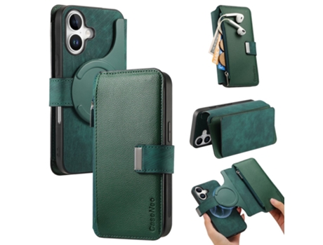 Caseneo Capa Em Couro Pu, Magnético Para Apple Iphone 16 Verde
