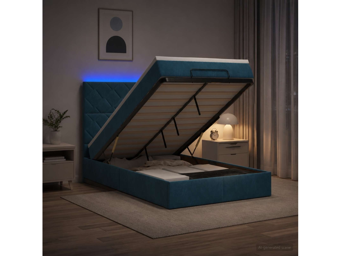 Vidaxl Cama Ottoman Com Colchão E Led Azul Escuro 120 X 200 Cm Veludo