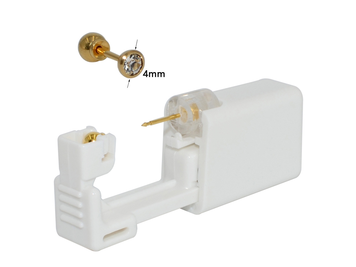 Piercing De Orelha, Dispositivo Descartável Para Perfuração, Estéril, Com Brincos De Aço Inoxidável (1 Par - 4mm Ouro Diamante Branco) Spqment