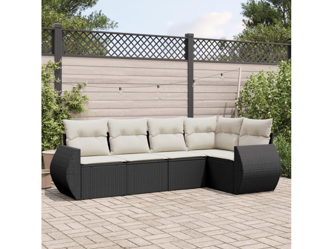5 Pcs Conjunto Sofás De Jardimconjuntos Relax Jardimconjunto De Jantar Com Almofadões Vime Pe Preto Cfw340895 Lovely Home