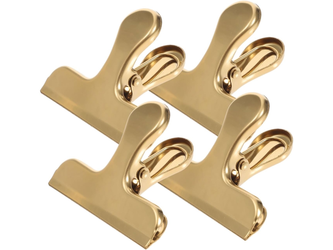 Conjunto de 4 prendedores para fechar sacos de alimentos, em aço inoxidável dourado, práticos e portáteis para armazenamento.