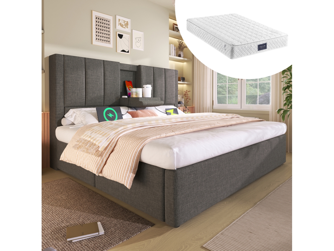 Cama Casal 140x200 Cm Com Suporte Para Copo E Carregador, Hidráulica Com Baú, Inclui Estrado E Colchão, Linho Cinza.