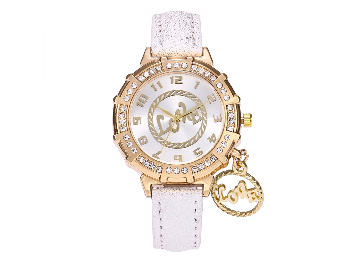 Relógio Feminino de Quartzo com Pulseira de Couro Pu Mostrador Redondo Strass Branco