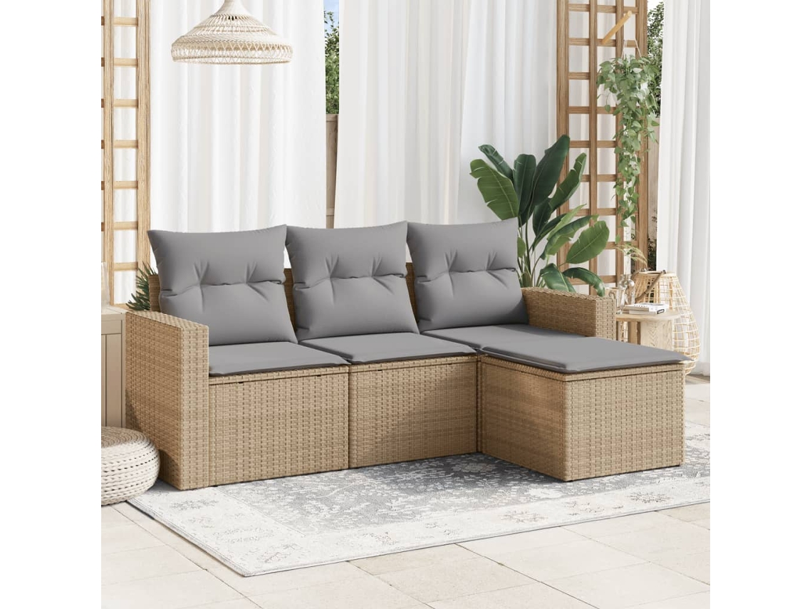 Vidaxl 4 Pcs Conjunto de Sofás para Jardim C/ Almofadões Vime Pe Bege
