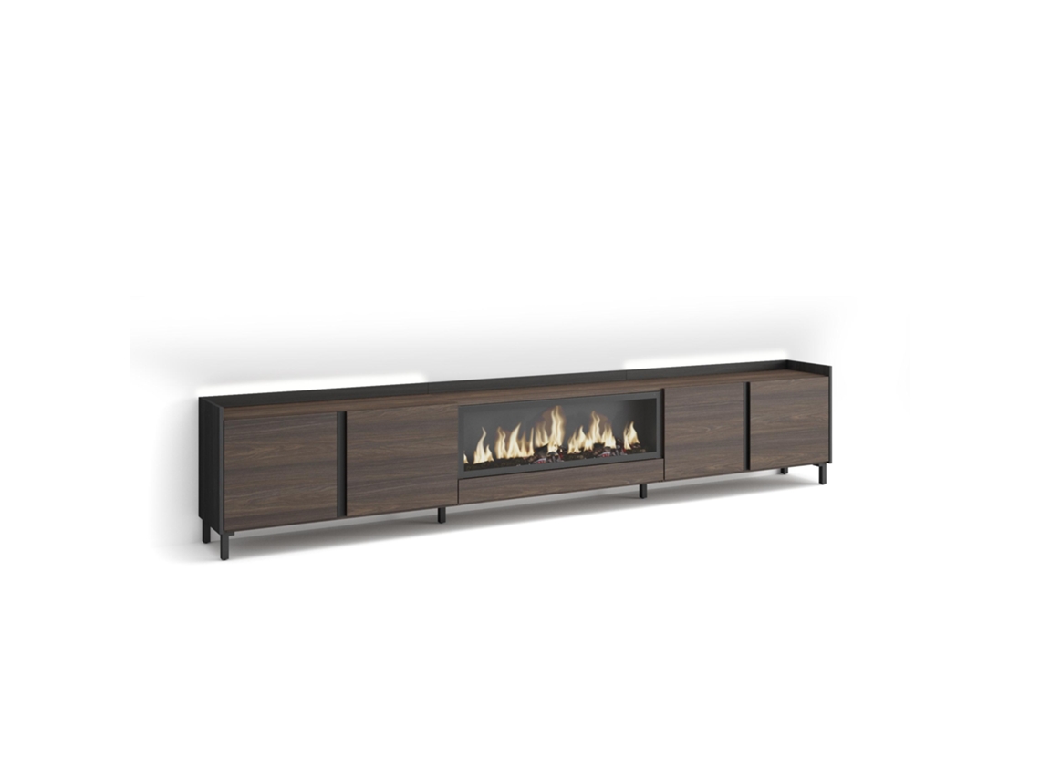 Móvel De Tv, 315x35x61cm, Para Televisores Até 80", Lareira Eléctrica Xxl, Design Industrial, Led, Carvalho Escuro E Preto