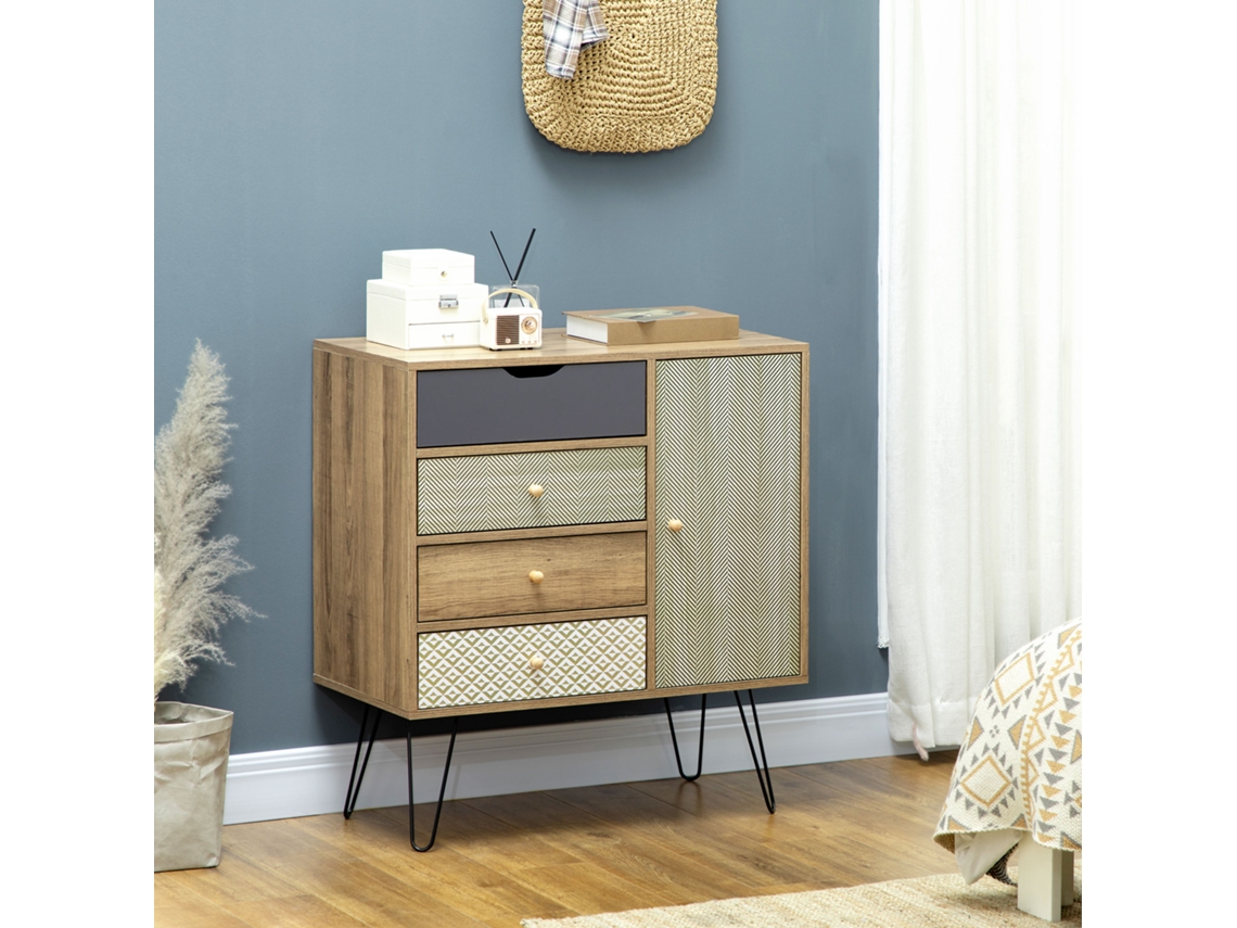 Cómoda De Madeira Com 4 Gavetas Prateleira Ajustável E Pés De Metal Para Sala De Estar Dormitório 79x39x86cm Marrom