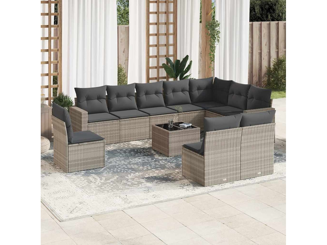 Vidaxl 11 Pcs Conjunto Sofás De Jardim C/ Almofadões Vime Pe Cinzento