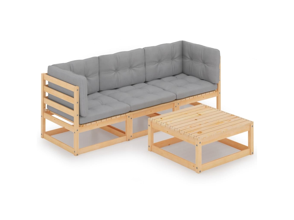Vidaxl 4 Pcs Conjunto Lounge De Jardim Com Almofadões Pinho Maciço