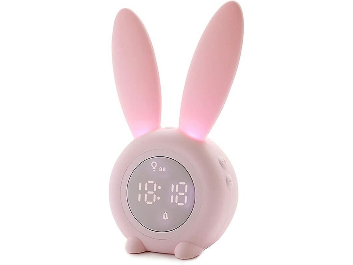 Despertador em formato de coelho com luz noturna programável, visor de hora/data/temperatura, controle por voz e 6 toques de alarme.