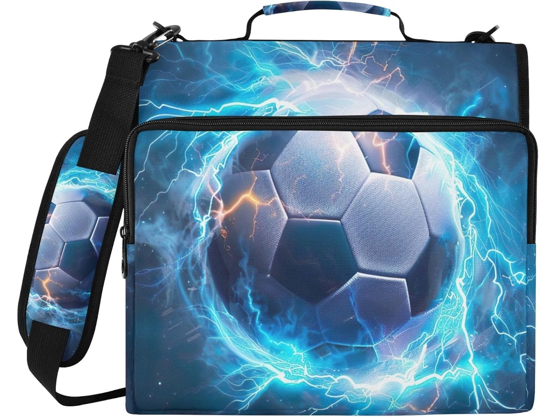 Organizador de bola de futebol azul, pasta de arquivo com 3 argolas em poliéster resistente à água e compartimento para laptop.