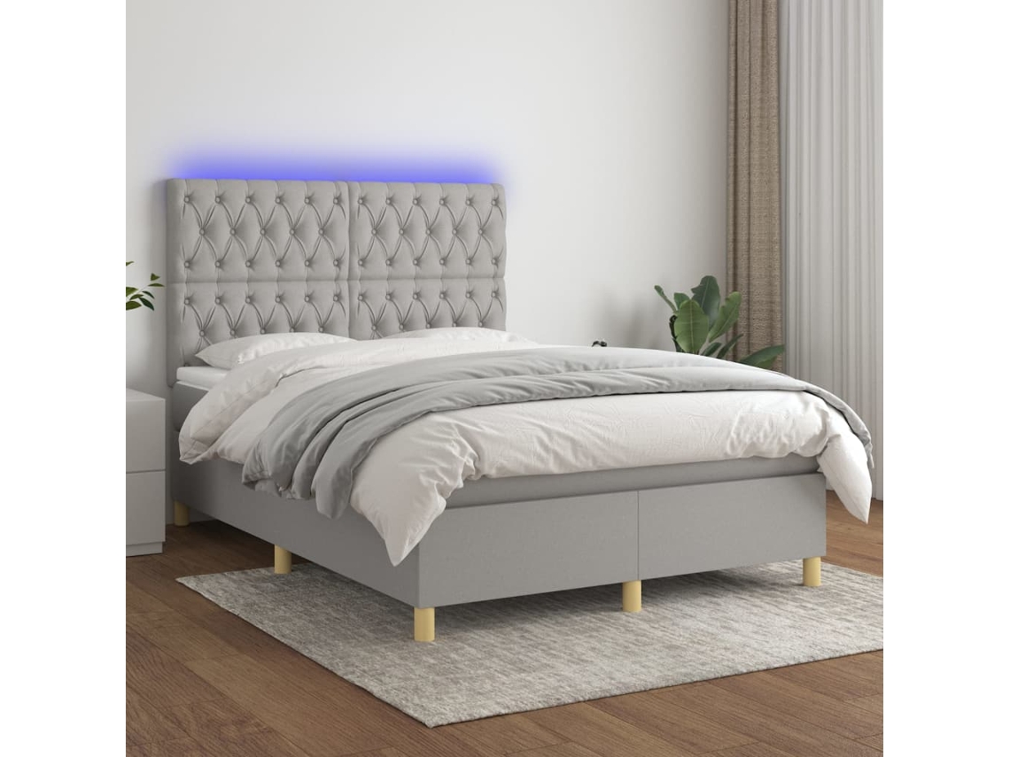 Vidaxl Cama Box Spring C/ Colchão E Led 140x200 Cm Tecido Cinza-claro