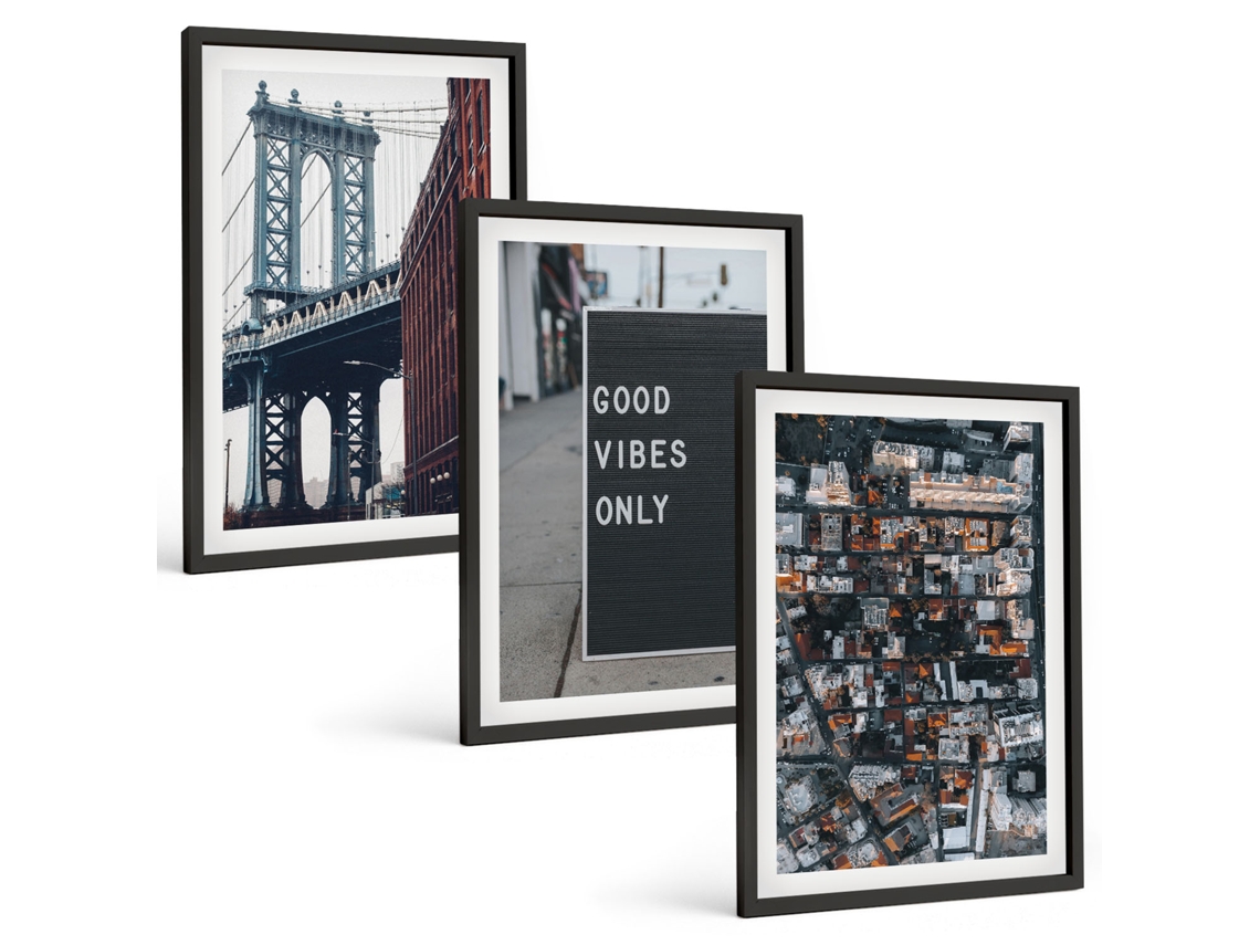 Quadros Decorativos Para Parede Ponte Cidade Inscrições Vista De Pássaro Moldura Preta Quadros Para O Escritório Espelharte (3 Piezas De 40x60 Cm)
