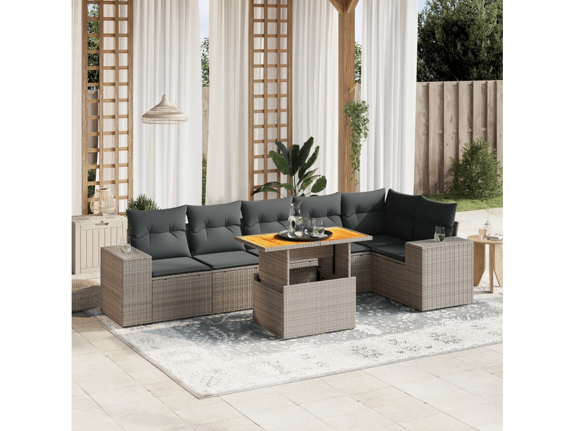 Vidaxl 7 Pcs Conjunto Sofás P/ Jardim C/ Almofadões Vime Pe Cinzento