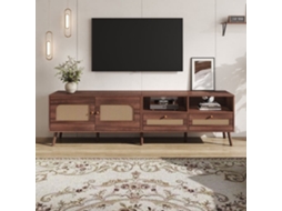 Móvel Para Tv 200x37x49,5 Cm - Com 2 Portas De Rattan, 2 Gavetas, Lowboard Com 8 Pés - Castanho