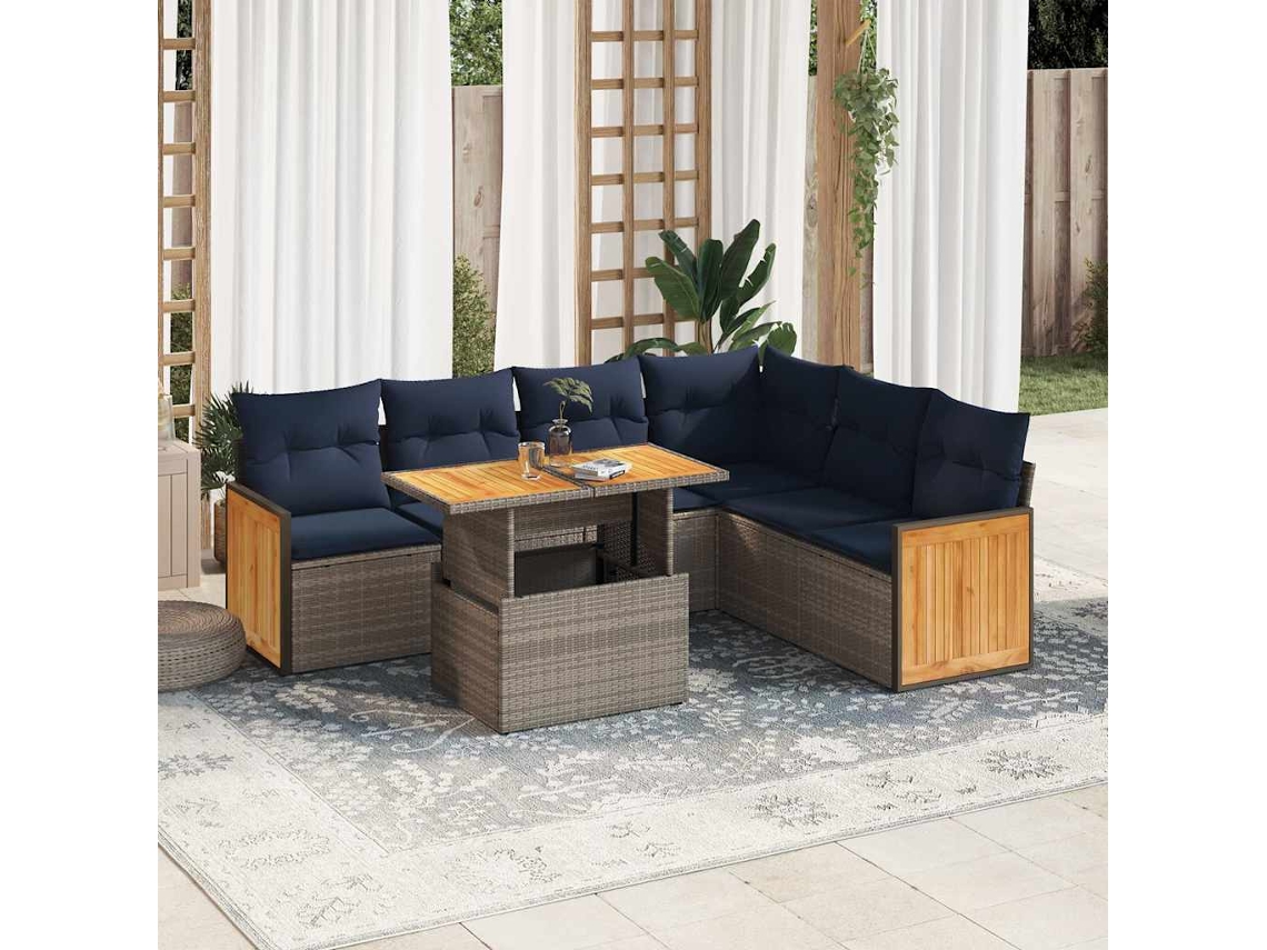 Vidaxl 7 Pcs Conjunto Sofás Jardim Almofadões Vime Pe/acácia Cinzento