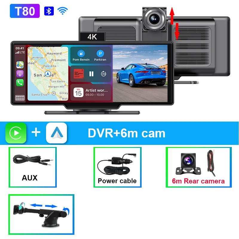 (t80 6m Sem Cartão) Câmera Veicular 4k De 10,26 Polegadas Com Carplay Sem Fio E Gravação Dupla Frontal E Traseira.