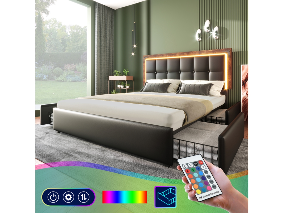 Cama Casal 160x200cm Led Gavetas 4 Cabeceira Ajustável Pu Preto