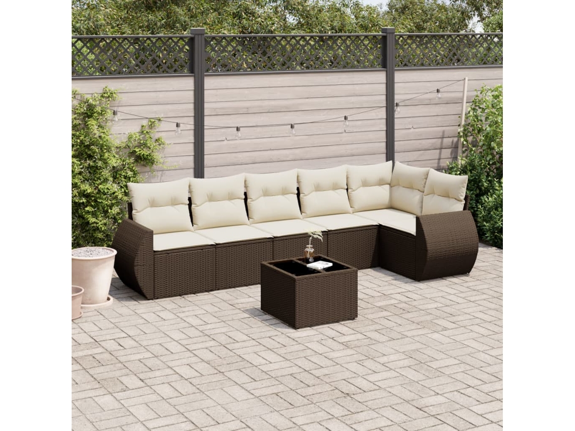 Vidaxl 7 Pcs Conjunto De Sofás Jardim C/ Almofadões Vime Pe Castanho