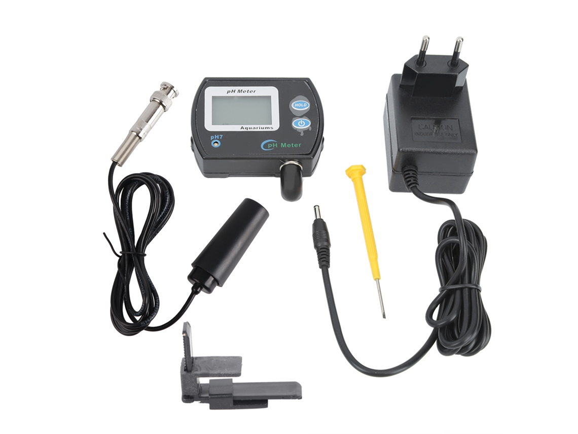 Medidor de pH digital Primerox com LCD para aquários e piscinas, com ajuste automático de temperatura e calibração.