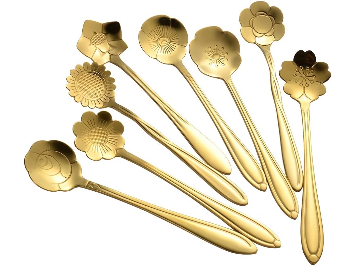 Conjunto de Colheres Florais em Aço Inoxidável 8 Peças Colheres Reutilizáveis para Chá e Café NEVEANCE