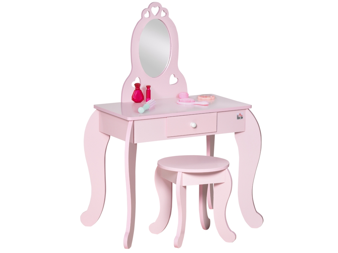 Penteadeira de Madeira Infantil para 3 a 6 Anos com Banquinho Combinando em Gavetas e Espelho Tipo Princesa 60x36x88 Cm Rosa Ge