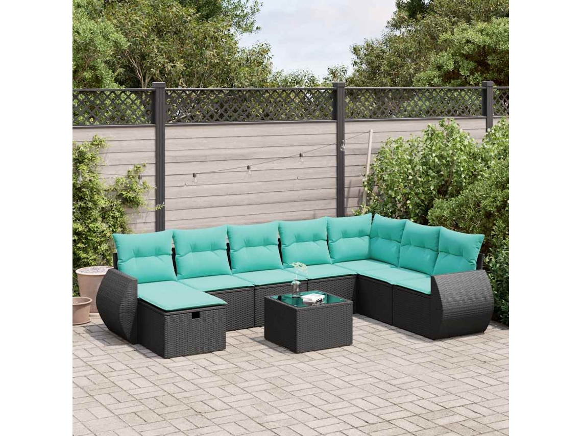 Vidaxl 9 Pcs Conjunto De Sofás P/ Jardim C/ Almofadões Vime Pe Preto