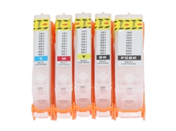 Conjunto de 5 cartuchos de tinta reutilizáveis com chip permanente nas cores PGBK, BK e CMY para impressora.