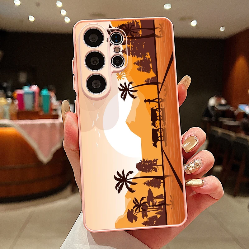 Capa Para Celular Galaxy A35 Com Estampa De Coqueiro À Beira-mar (rosa) E Fixação Magnética.