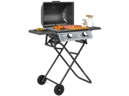 Churrasco a Gás Portátil. 2 Queimadores de 5,6 Kw. Churrasco a Gás de Camping com Prateleiras Laterais, Termômetro e Rodas. Preto Ge