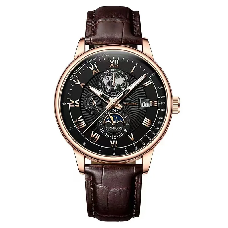 (pulseira Cor Café Com Detalhes Em Preto) Relógio Esportivo De Alta Qualidade Com Pulseira De Couro Com Data Luminosa.