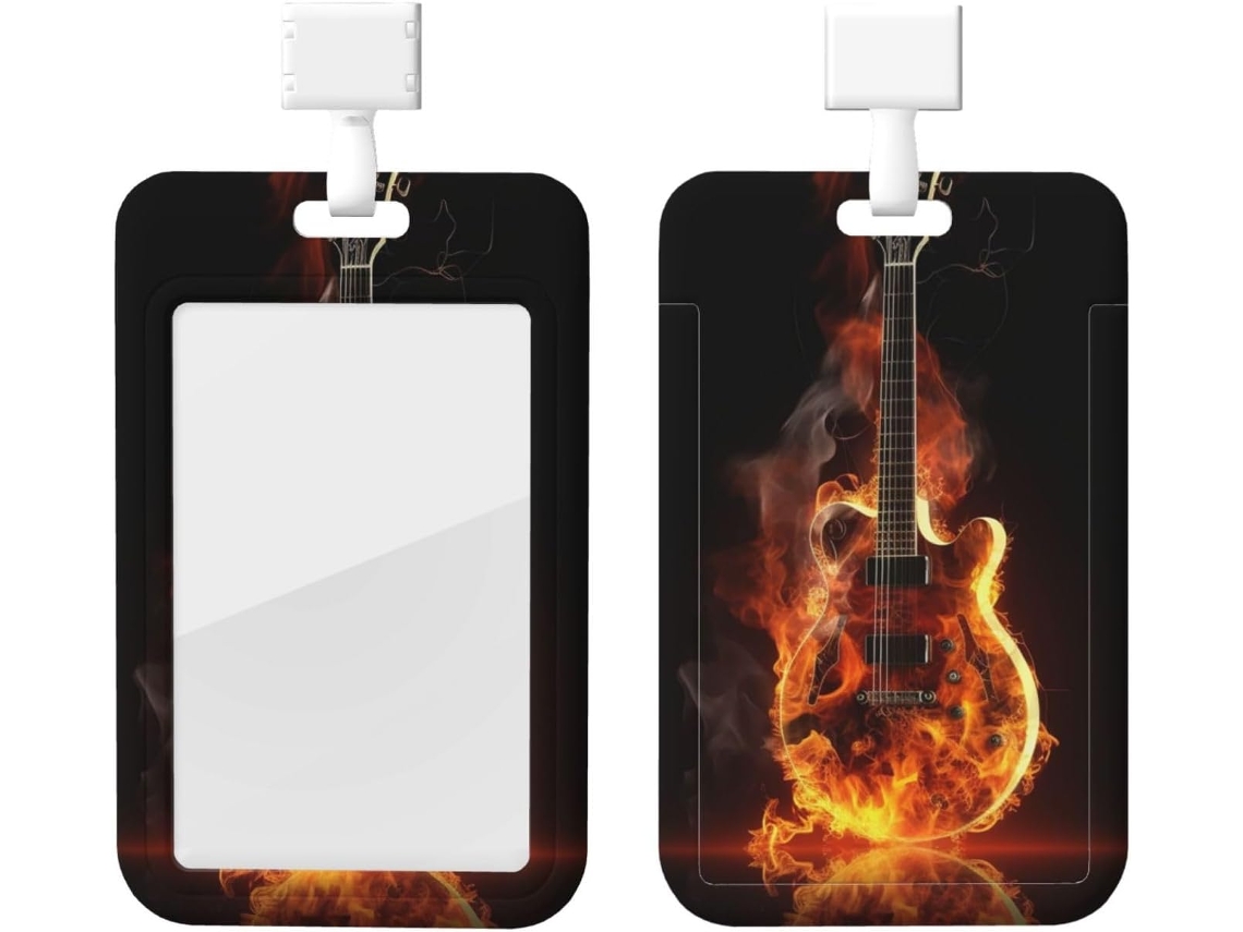 Porta Crachá Com Estampa De Guitarra Em Chamas, Com Cordão, Capa Protetora De Plástico Impermeável Crachás, Ideal
