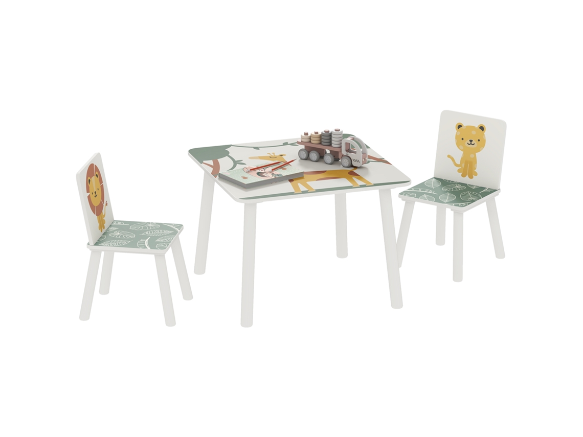 Conjunto de Móveis Infantis com Mesa, 2 Cadeiras e Estampa de Animais, Verde CHEZMOI