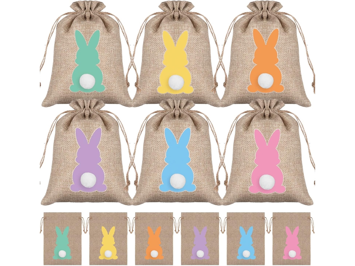 Sacolas De Juta Para Presentes De Páscoa (pacote Com 6) - Com Cordão E Um Coelhinho Da Páscoa Fofo Com Rabinho Macio - Sacolas Para Doces E Caça