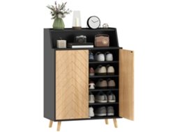 Sapateiro De Entrada Com 2 Portas, Prateleiras Ajustáveis E Compartimento Aberto 75x35x104 Cm Preto E Natural