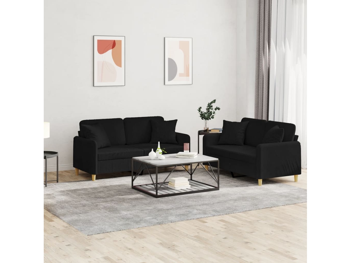 Vidaxl 2 Pcs Conjunto de Sofás com Almofadas Tecido Preto