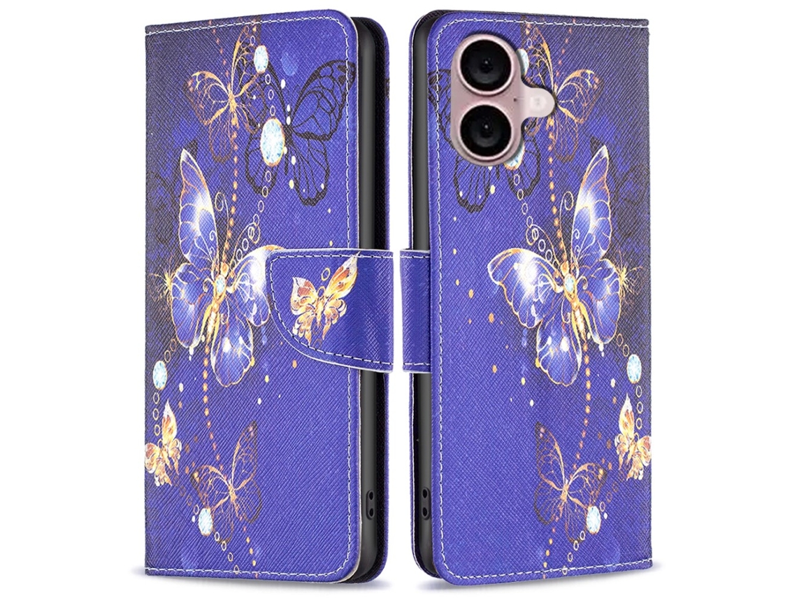 Capa Em Couro Pu, Com Suporte Para Apple Iphone 16 Plus - Borboletas Roxas