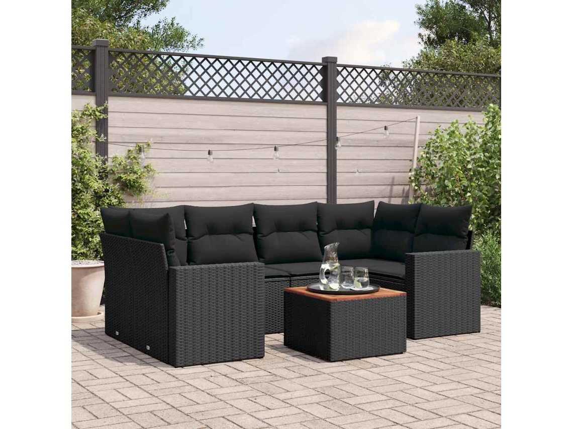 Vidaxl 7 Pcs Conjunto De Sofás P/ Jardim C/ Almofadões Vime Pe Preto