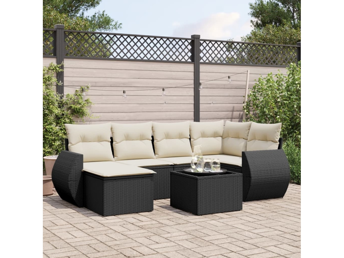 Vidaxl 7 Pcs Conjunto De Sofás P/ Jardim C/ Almofadões Vime Pe Preto