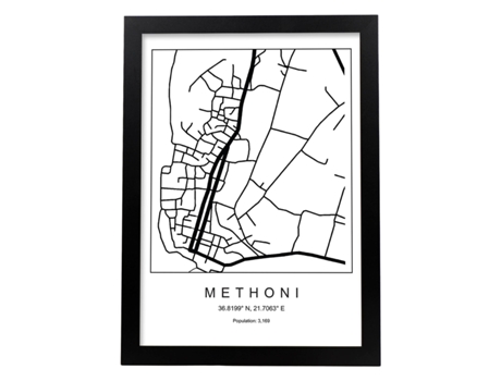 Póster NACNIC Mapa Do Estilo Nórdico da Cidade de Methoni em Preto e Branco